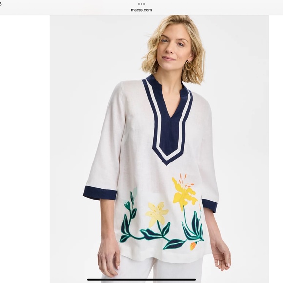 NWT Charter Club Women's Embroidered 3/4-Sleeve 100% Linen Tunic Top Size US XL - Picture 5 of 7